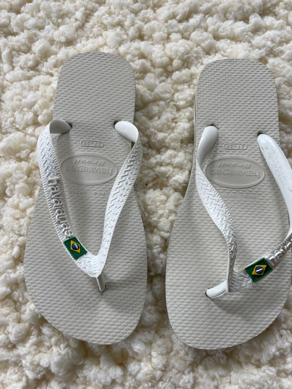 Havaianas White Flip Flops with Brazilian Flag Accent